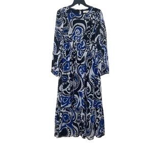 LOFT Blue and Black Paisley Long Sleeve Dress. Sheer sleeves. Size 8